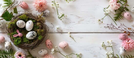 Aufkleber - Top view of an Easter themed banner arrangement featuring flowers a nest with speckled eggs and moss on a white wooden backdrop alongside a pink bunny figurine with copy space image