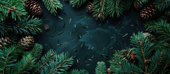 Wall Mural - Overhead shot of vibrant backdrop using green fir branches Featuring New Year s theme with copy space image