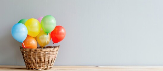 Poster - A wicker basket filled with colorful balloons placed against a wall with a white background creating a lovely composition with copy space image