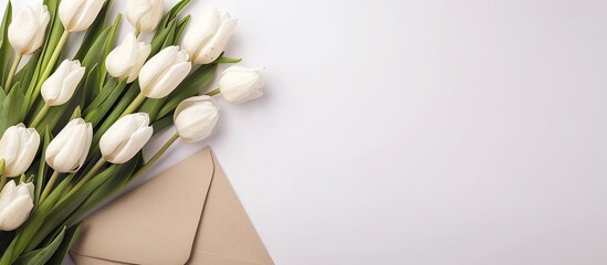 A wedding invitation or love letter with white tulips displayed alongside an envelope and a fresh bouquet on a white backdrop in a top view copy space image