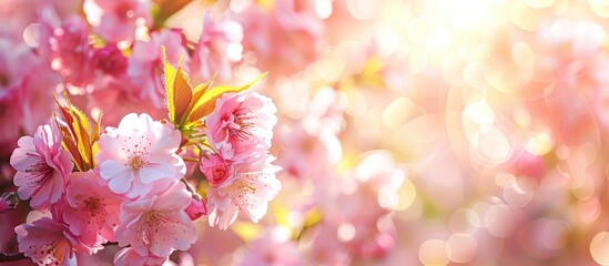 Aufkleber - Spring themed horizontal banner featuring pink sakura flowers against a sunny backdrop The fresh bloom provides a lovely nature inspired setting with a branch of blooming sakura perfect for a copy sp