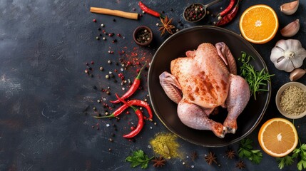 Photo of raw chicken with spices cooking background