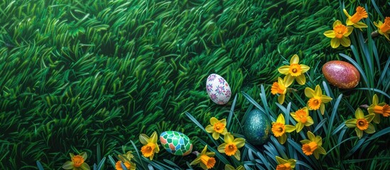 Aufkleber - Green grass with daffodils and vibrant Easter eggs Copy space image available