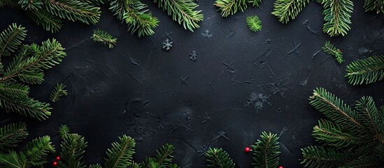 Fototapete - Fir branches form a Christmas green frame on a black board background presenting a festive copy space image for a Christmas card
