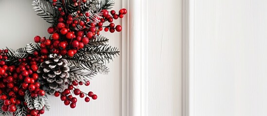 Aufkleber - Close up of a stunning Christmas wreath adorned with red berries and decorations hanging on a white door with room for copy space image