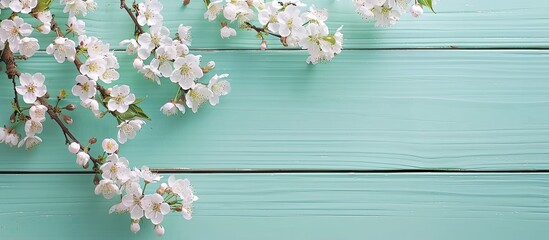 Aufkleber - Overhead view of a white cherry blossom tree in spring against a soft mint wooden backdrop with copy space image