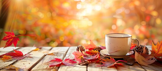 Poster - Autumn maple leaves beside a cup with a cozy background ideal for adding text aka copy space image