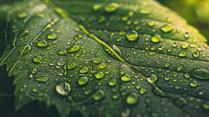 Macro shot of water droplets clinging to a leaf with detailed veins