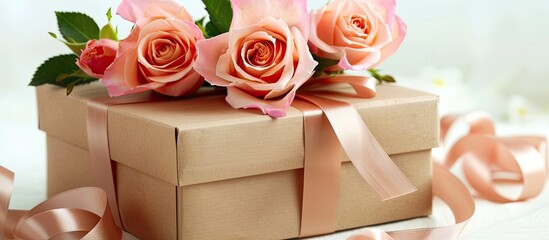 Poster - Gift box with ribbons and lovely roses in a copy space image on a white backdrop