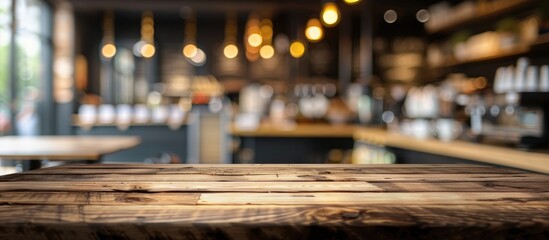 Aufkleber - Wooden table with copy space image in blurred coffee shop background ideal for product display