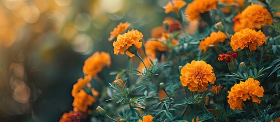Aufkleber - Marigold flowers blooming beautifully in the garden adding vibrant color to the surrounding with copy space image
