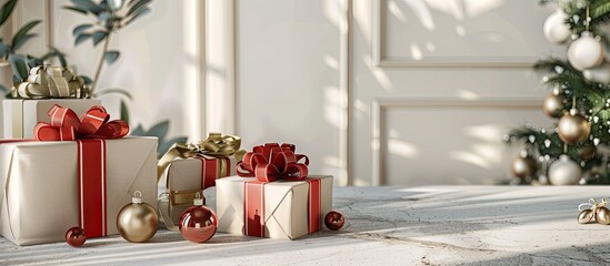 Poster - A festive scene with presents and ornaments on a whitewashed table perfect for showcasing a copy space image