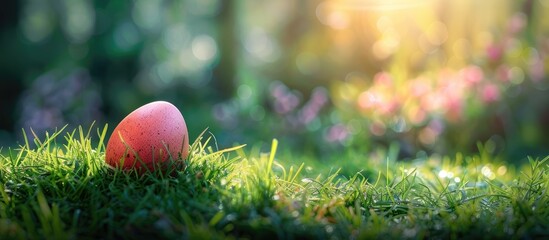 Aufkleber - Easter egg displayed on a grassy garden background symbolizing the joyous celebration of Easter with a copy space image