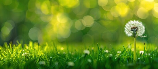 Poster - Close up photo of a dandelion flower in vibrant green grass surrounded by a blooming spring meadow creating an eco friendly backdrop with green bokeh and shallow depth of field for copy space image