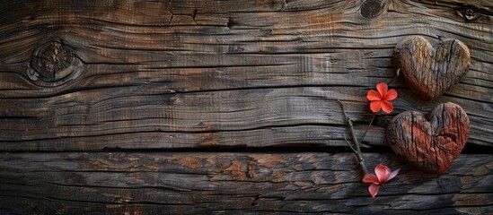 Aufkleber - Rustic wooden background featuring two hearts a flower and space for text or images. copy space available
