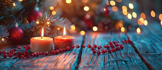 Poster - Beautiful Christmas background with two small round candles displayed on a wooden surface with a background of tree branches red beads and garlands ideal for a festive card with copy space image
