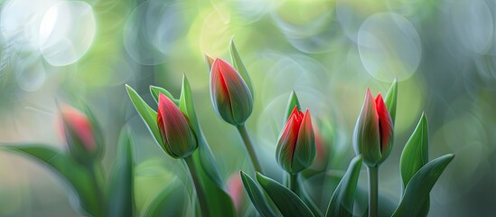 Aufkleber - Red tulip buds with selective focus against a softly blurred background Green leaves of the tulips remain unfocused creating a layered effect with copy space image