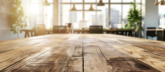 Aufkleber - A wooden board was placed on the table in an empty office room with a blurred backdrop ideal for a copy space image