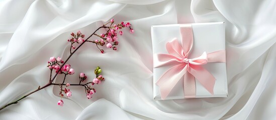 Poster - White gift box tied with a pink ribbon and adorned with small pink flowers on a white silk backdrop Ideal for various occasions like weddings birthdays Valentine s Mother s or Women s Day Copy space