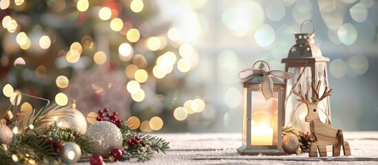 Poster - Festive Christmas scene with lantern greenery baubles and wooden reindeer on table with room for text set against a bokeh Christmas tree backdrop. copy space available