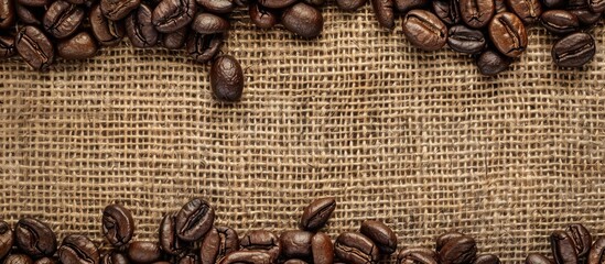 Wall Mural - Close up flat lay of coffee beans resting on a rustic jute sack with ample copy space in the image