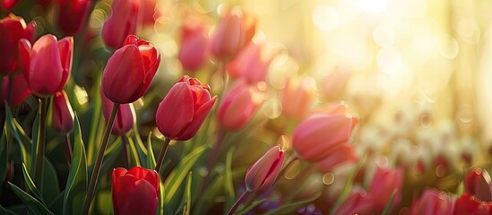 Aufkleber - Spring tulip flowers bloom in a beautiful garden setting enhancing the scene framed by a copy space image