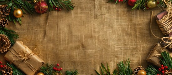 Aufkleber - Christmas decorations gifts and tree arranged flat on sack cloth background viewed from top with available copy space image