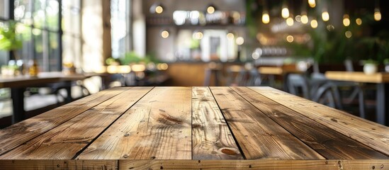Aufkleber - Wooden table ideal for showcasing items with a blurred coffee shop or bar setting in the background suitable for a copy space image
