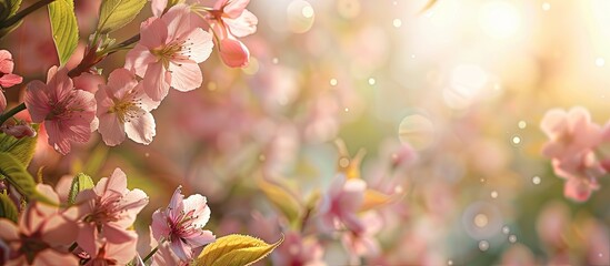 Aufkleber - Sunny morning with cherry blossoms in pink on a blurred background ideal for a designer with a natural green leaf backdrop perfect as a copy space image for art