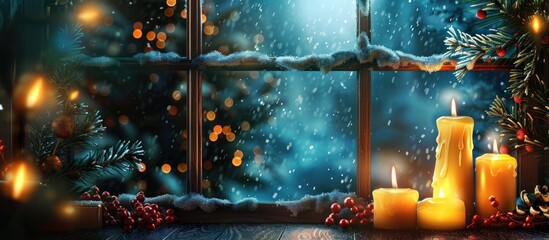 Fototapete - Night window background with Christmas candles create a cozy vibe in the copy space image