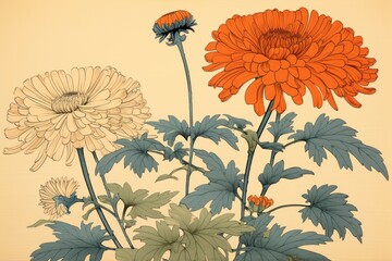 Poster - Ukiyo-e art print style Calendula flower pattern sketch.