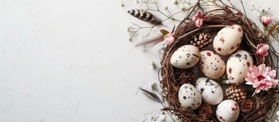 Aufkleber - Easter themed nest with eggs feathers flowers on white background for a joyful Easter celebration seen from above with copy space image