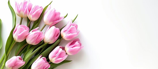 Aufkleber - A banner displaying top view of a bouquet of pink tulips on white backdrop with copy space image showcasing spring flowers