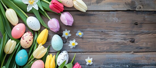 Sticker - Wooden frame decorated with Easter eggs and tulips perfect for a copy space image