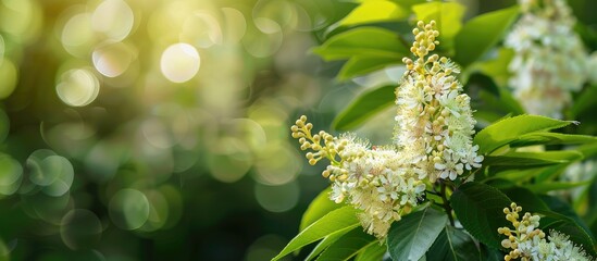 Poster - Blooming Ligustrum Vicaryi bush with white flowers against a blurred dark green background ideal for nature themed design with copy space image