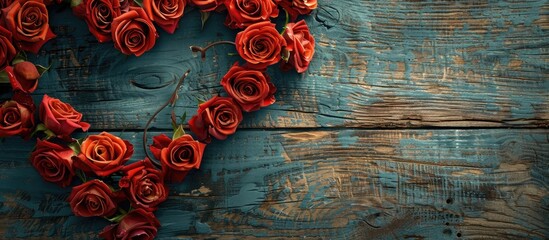 Aufkleber - Old rose heart frame for Valentine s Day on a wooden backdrop ideal for adding a copy space image