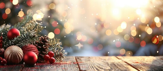 Aufkleber - A festive Christmas backdrop adorned with decorations and selective focus on holiday elements features copy space image