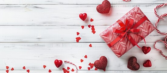 Poster - Red toy hearts and a gift box for Valentine s Day arranged on a white wooden table with a top down view and space for adding images. copy space available