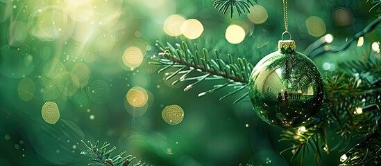 Poster - Closeup of a Christmas ball hanging on a fir tree with a green background blurred lights and ample copy space image