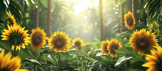 Aufkleber - Sunflowers displayed against a lush garden backdrop creating a serene copy space image