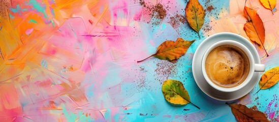 Wall Mural - Autumn leaves surrounding a cup of coffee on a colorful background with a vast copy space image