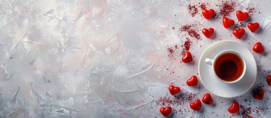 Poster - Top view horizontal composition with heart shaped candies a cup of tea and a romantic vibe perfect for a Valentine s Day themed image with copy space