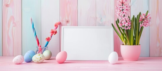 Aufkleber - Easter themed mockup featuring Easter eggs a white board and a hyacinth flower on a pink table against a white wooden background perfect for an Easter holiday vibe Copy space image is available