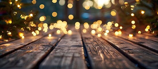 Aufkleber - Wooden planks adorned with Christmas lights create a festive ambiance with a blurred background and ample space for additional elements in the image