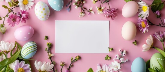 Aufkleber - Easter themed arrangement with a blank card colorful eggs and blooming flowers on a soft pink backdrop featuring a copy space image