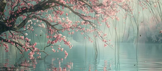 Aufkleber - Pink sakura blossoms and willow branches create a serene scene with a copy space image