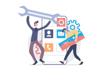 Wall Mural - app development concept in modern flat design for web. designer team programming and engineering mob