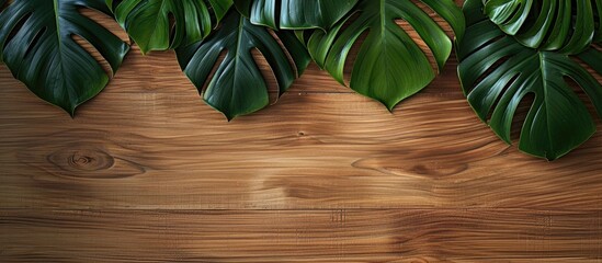 Sticker - Top down view of Monstera leaves on a wooden surface in a summery setting with space for additional elements in the image