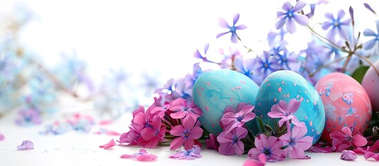 Poster - Colorful Easter eggs and phlox flowers on a white background with a copy space image for creating border templates Easter greetings and holiday cards