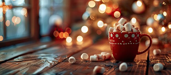 Wall Mural - Christmas loft composition featuring a hot beverage with marshmallows on a background styled like a loft perfect for a copy space image